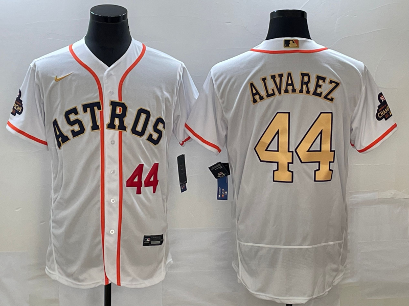 Men's Houston Astros #44 Yordan Alvarez Number 2023 White Gold World Serise Champions Patch Flex Base Stitched Jersey2