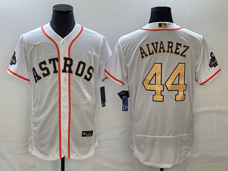 Men's Houston Astros #44 Yordan Alvarez 2023 White Gold World Serise Champions Patch Flex Base Stitched Jersey