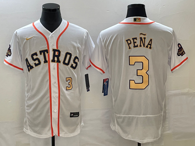 Men's Houston Astros #3 Jeremy Pena Number 2023 White Gold World Serise Champions Patch Flex Base Stitched Jersey1