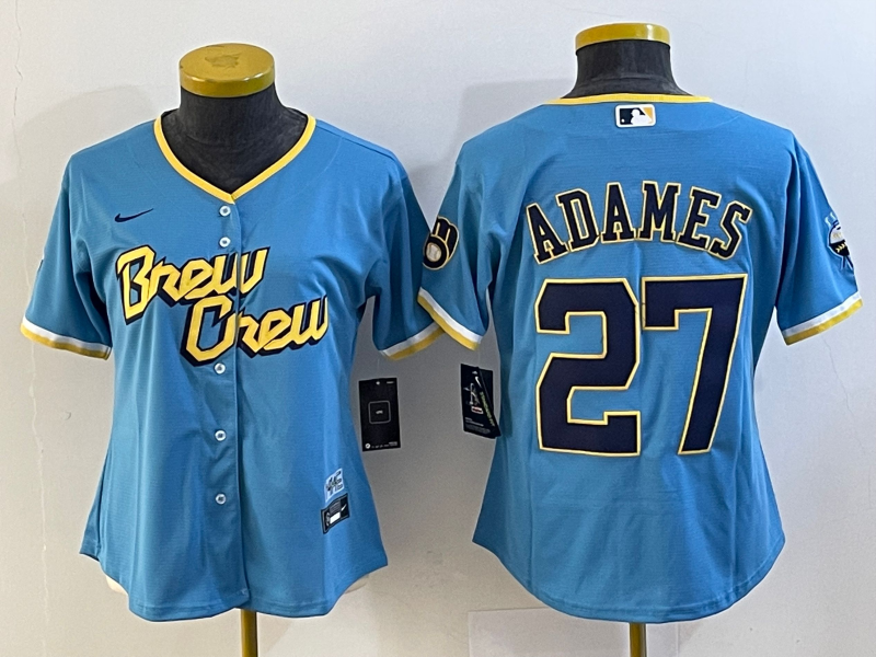 Women's Milwaukee Brewers #27 Willy Adames Blue 2022 City Connect Cool Base Stitched Jersey