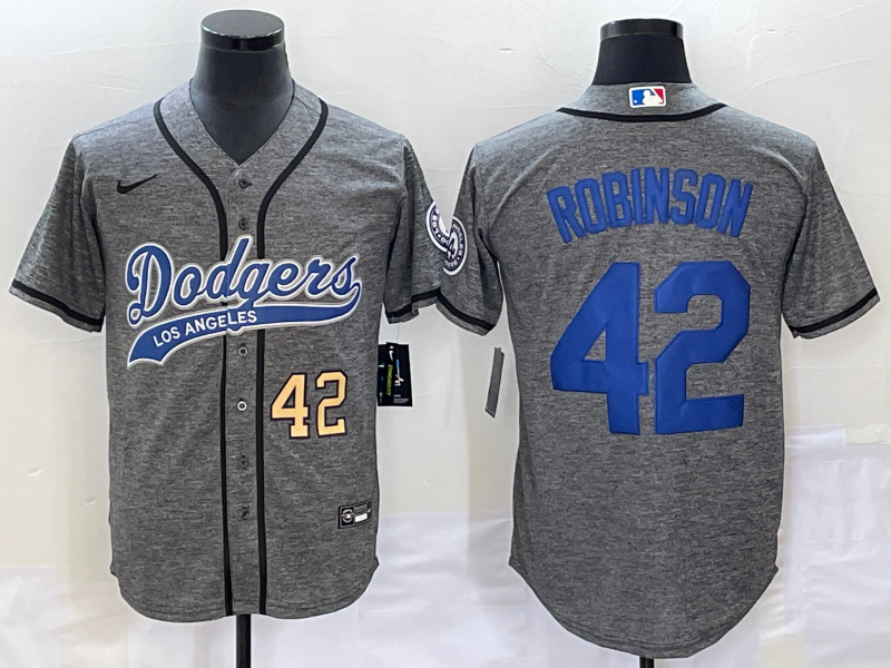 Men's Los Angeles Dodgers #42 Jackie Robinson Number Grey Gridiron Cool Base Stitched Baseball Jersey