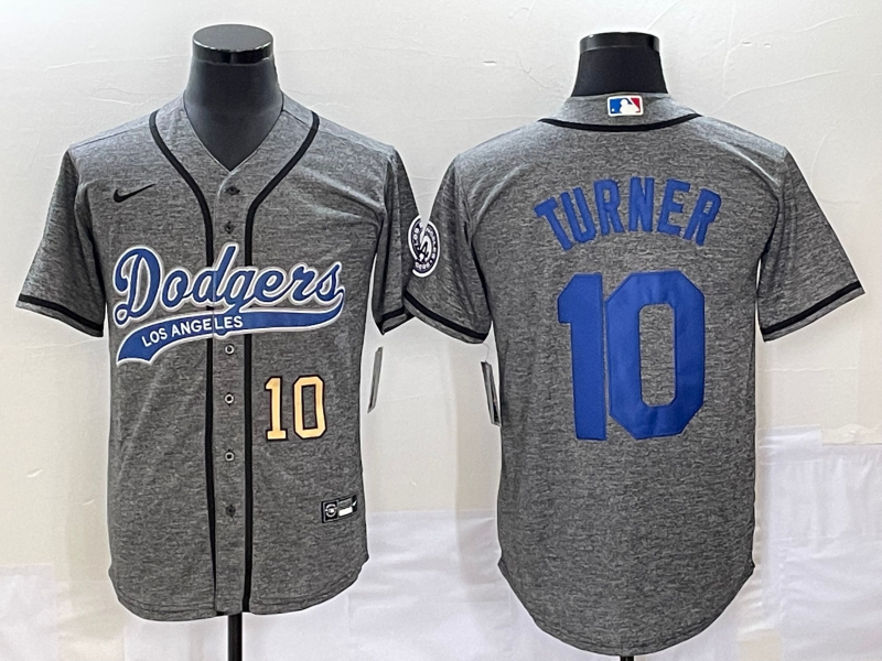 Men's Los Angeles Dodgers #10 Justin Turner Number Grey Gridiron Cool Base Stitched Baseball Jersey