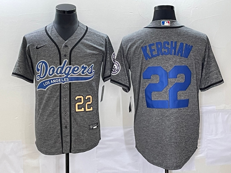 Men's Los Angeles Dodgers #22 Clayton Kershaw Number Grey Gridiron Cool Base Stitched Baseball Jersey