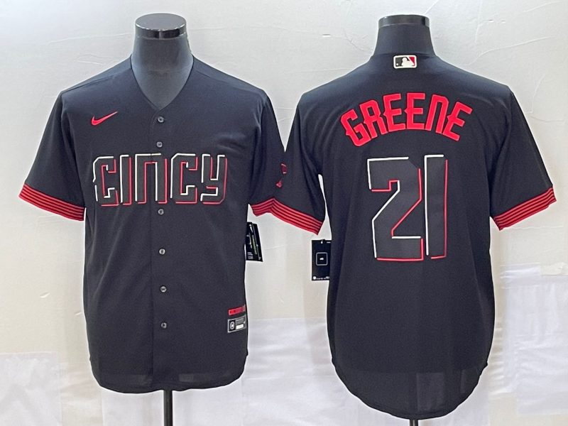 Men's Cincinnati Reds #21 Hunter Greene Black 2023 City Connect Cool Base Stitched Jersey1