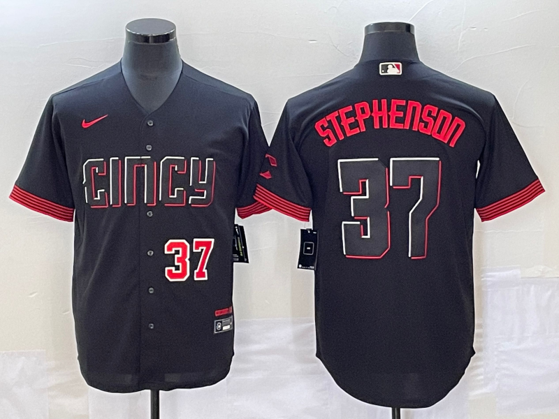 Men's Cincinnati Reds #37 Tyler Stephenson Number Black 2023 City Connect Cool Base Stitched Jersey1