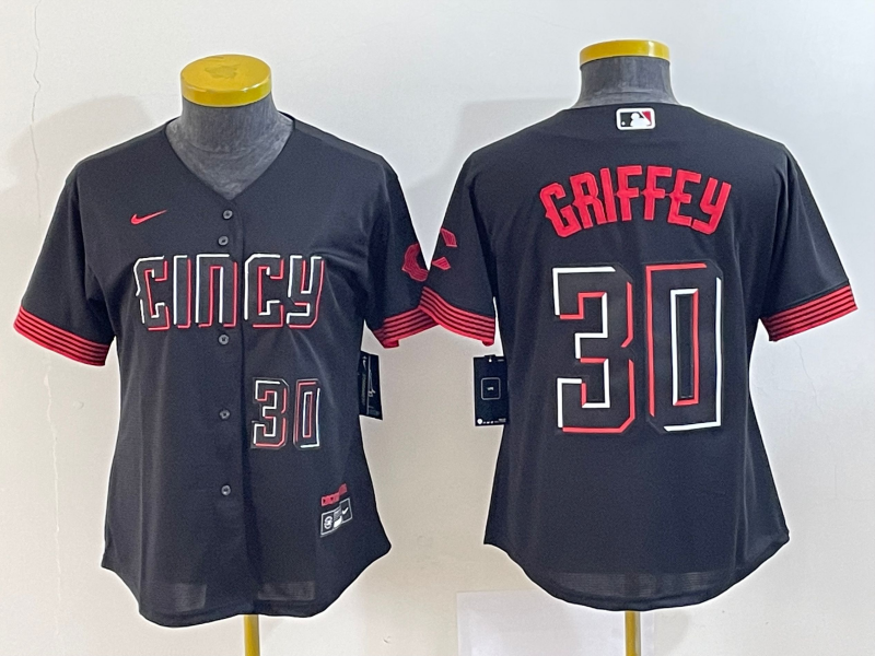 Women's Cincinnati Reds #30 Ken Griffey Jr Number Black 2023 City Connect Cool Base Stitched Jersey2