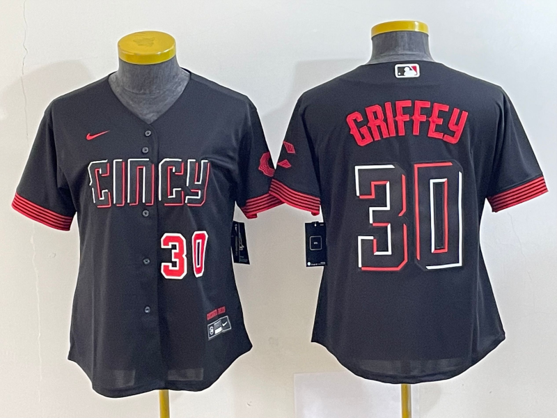 Women's Cincinnati Reds #30 Ken Griffey Jr Number Black 2023 City Connect Cool Base Stitched Jersey