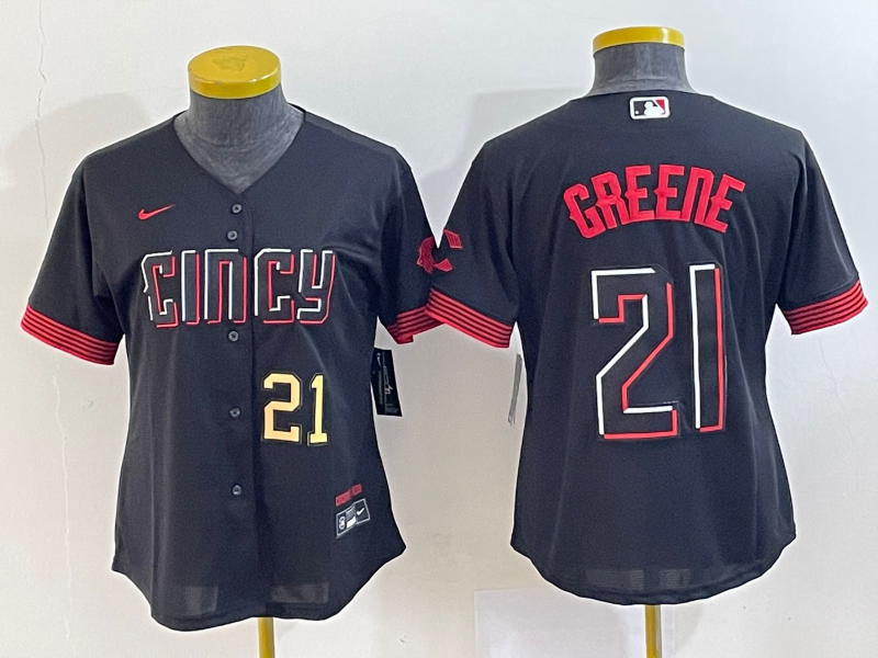 Women's Cincinnati Reds #21 Hunter Greene Number Black 2023 City Connect Cool Base Stitched Jersey