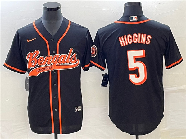 Men's Cincinnati Bengals #5 Tee Higgins Black With Patch Cool Base Stitched Baseball Jersey