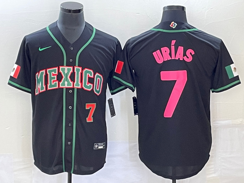 Men's Mexico Baseball #7 Julio Urias Number 2023 Black Pink World Classic Stitched Jersey1