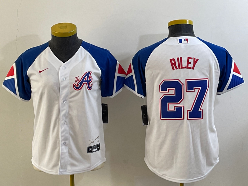 Youth Atlanta Braves #27 Austin Riley White 2023 City Connect Cool Base Stitched Jersey