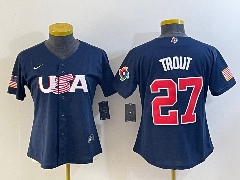 Women's USA Baseball #27 Mike Trout 2023 Navy World Classic Stitched Jersey