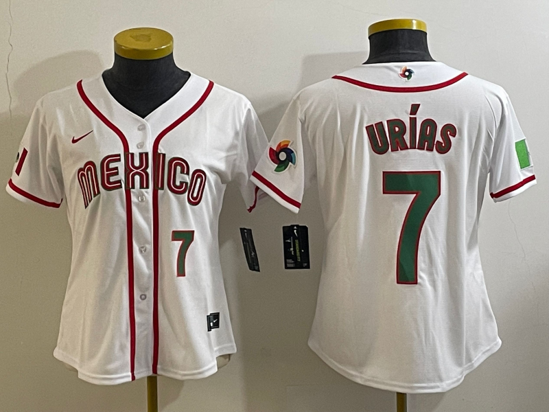 Women's Mexico Baseball #7 Julio Urias Number 2023 White World Classic Stitched Jersey7