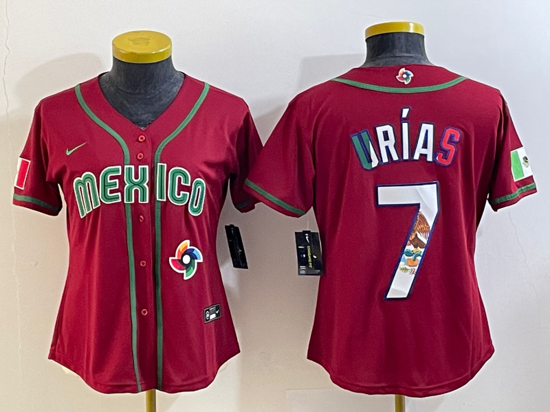 Women's Mexico Baseball #7 Julio Urias Number 2023 Red World Baseball Classic Stitched Jersey11