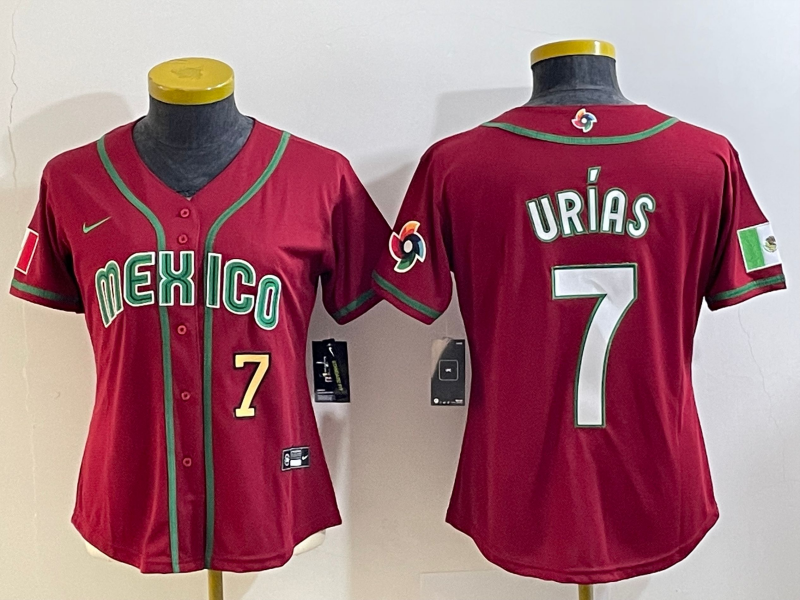 Women's Mexico Baseball #7 Julio Urias Number 2023 Red World Baseball Classic Stitched Jersey1