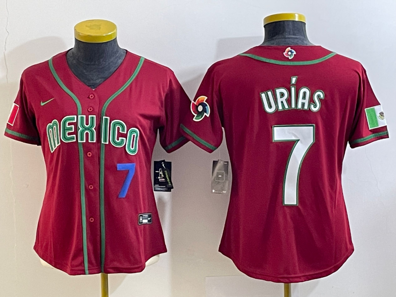 Women's Mexico Baseball #7 Julio Urias Number 2023 Red World Baseball Classic Stitched Jersey3