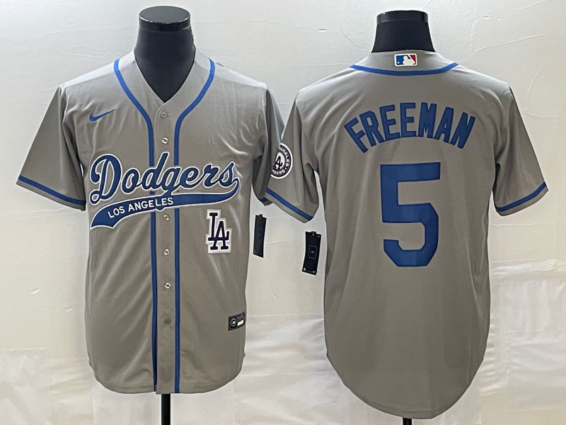 Men's Los Angeles Dodgers #5 Freddie Freeman Grey Cool Base Stitched Baseball Jersey