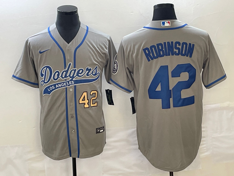 Men's Los Angeles Dodgers #42 Jackie Robinson Number Grey With Patch Cool Base Stitched Baseball Jersey