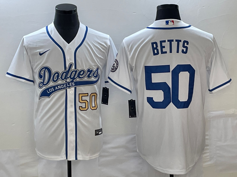 Men's Los Angeles Dodgers #50 Mookie Betts Number White With Patch Cool Base Stitched Baseball Jersey