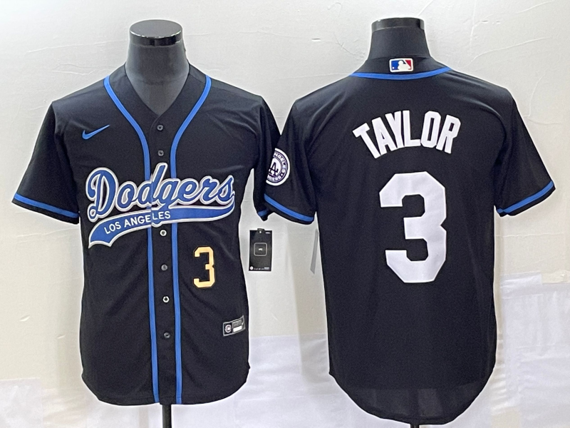 Men's Los Angeles Dodgers #3 Chris Taylor Number Black With Patch Cool Base Stitched Baseball Jersey