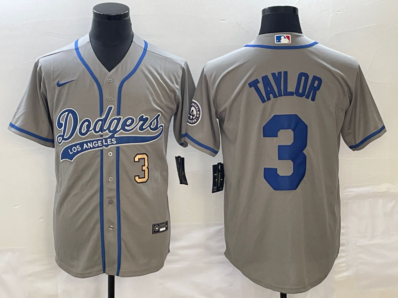 Men's Los Angeles Dodgers #3 Chris Taylor Number Grey With Patch Cool Base Stitched Baseball Jersey