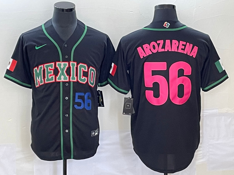 Men's Mexico Baseball #56 Randy Arozarena Number 2023 Black Pink World Classic Stitched Jersey2