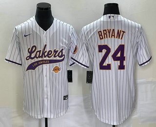 Men's Los Angeles Lakers #24 Kobe Bryant White Pinstripe With Patch Cool Base Stitched Baseball Jersey