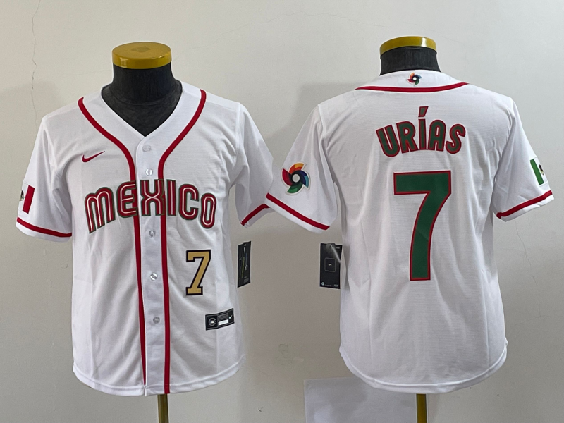 Youth Mexico Baseball #7 Julio Urias Number 2023 Red World Baseball Classic Stitched Jersey1