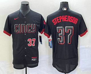 Men's Cincinnati Reds #37 Tyler Stephenson Number Black 2023 City Connect Flex Base Stitched Jersey 2