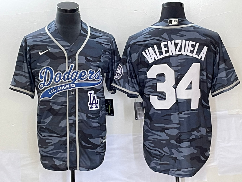 Men's Los Angeles Dodgers #34 Toro Valenzuela Gray Camo Cool Base With Patch Stitched Baseball Jersey