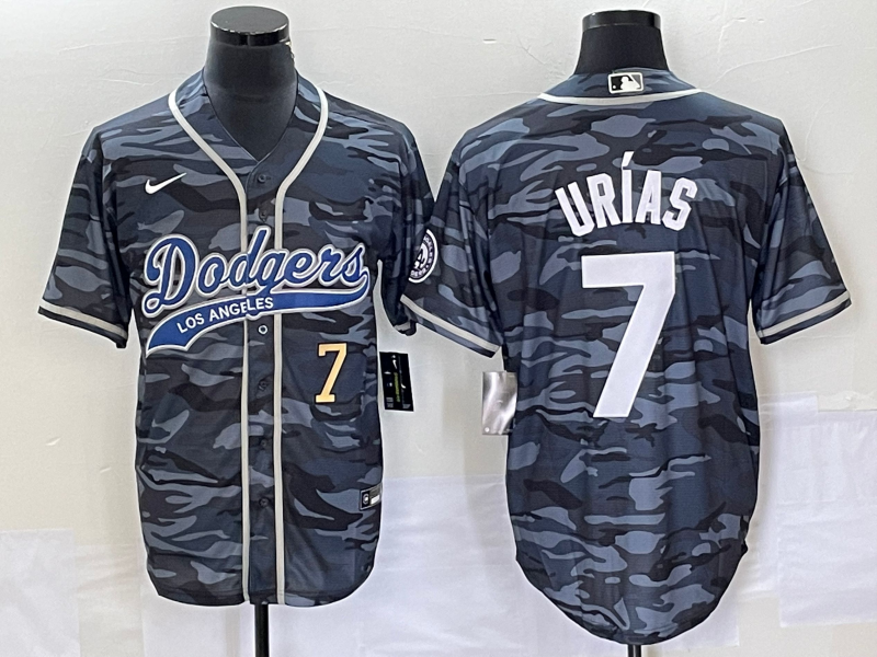 Men's Los Angeles Dodgers #7 Julio Urias Number Gray Camo Cool Base With Patch Stitched Baseball Jersey