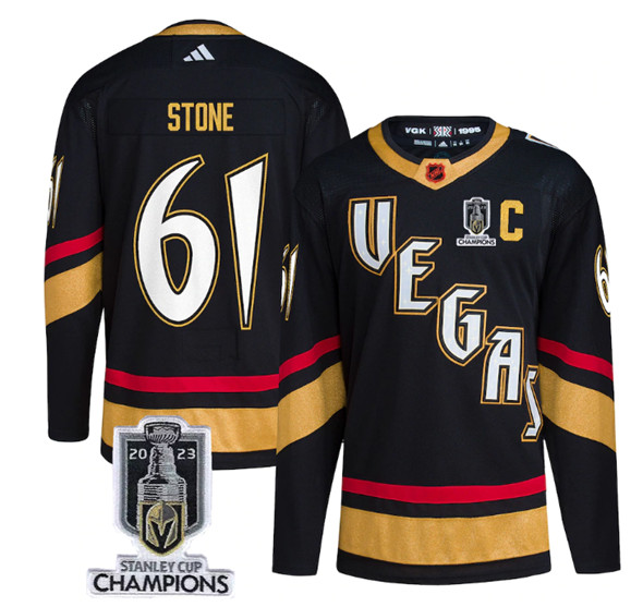 Men's Vegas Golden Knights #61 Mark Stone Black 2023 Stanley Cup Champions Reverse Retro Stitched Jersey