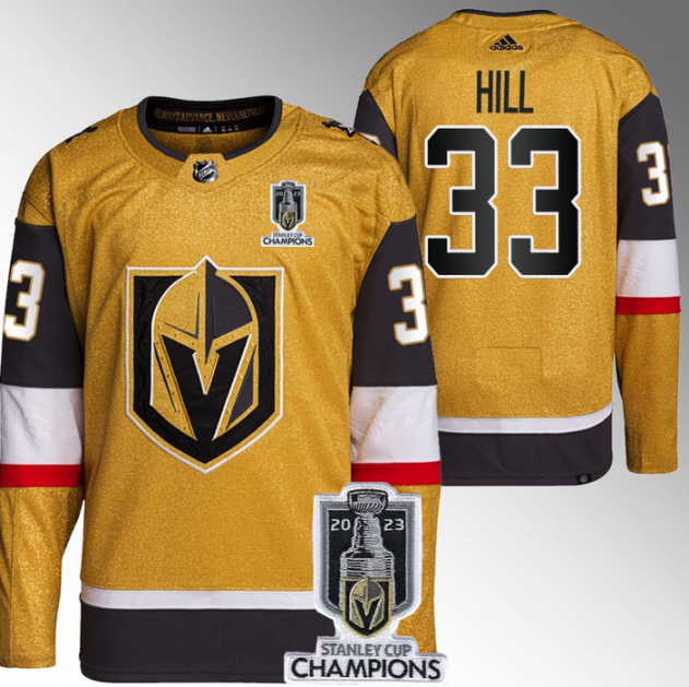 Men's Vegas Golden Knights #33 Adin Hill Gold 2023 Stanley Cup Champions Stitched Jersey