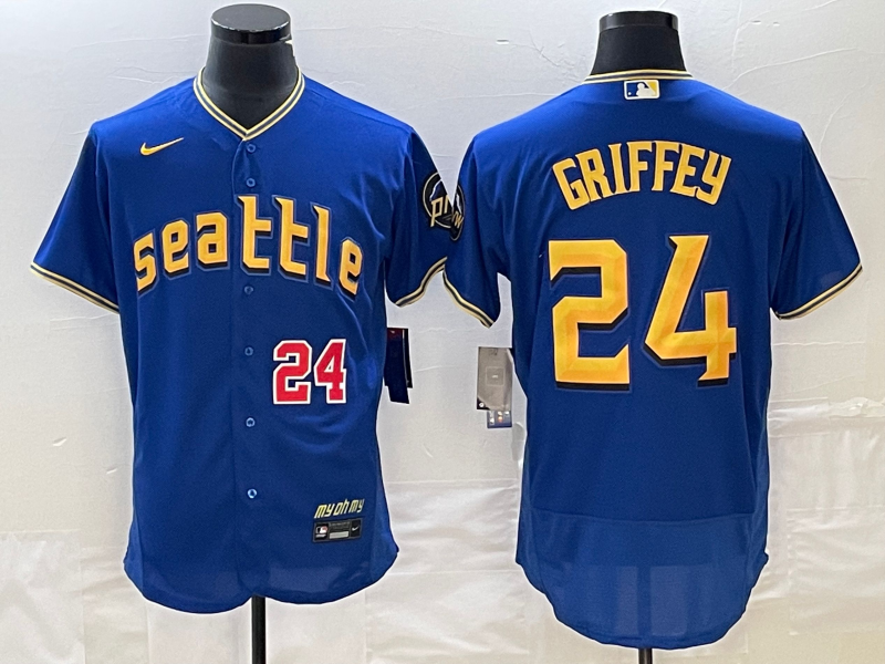 Men's Seattle Mariners #24 Ken Griffey Number Blue 2023 City Connect Flex Base Stitched Jersey