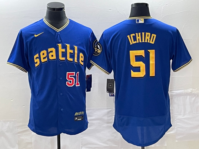 Men's Seattle Mariners #51 Ichiro Suzuki Number Blue 2023 City Connect Flex Base Stitched Jersey