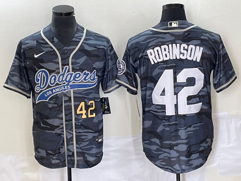 Men's Los Angeles Dodgers #42 Jackie Robinson Number Grey Camo Cool Base With Patch Stitched Baseball Jersey