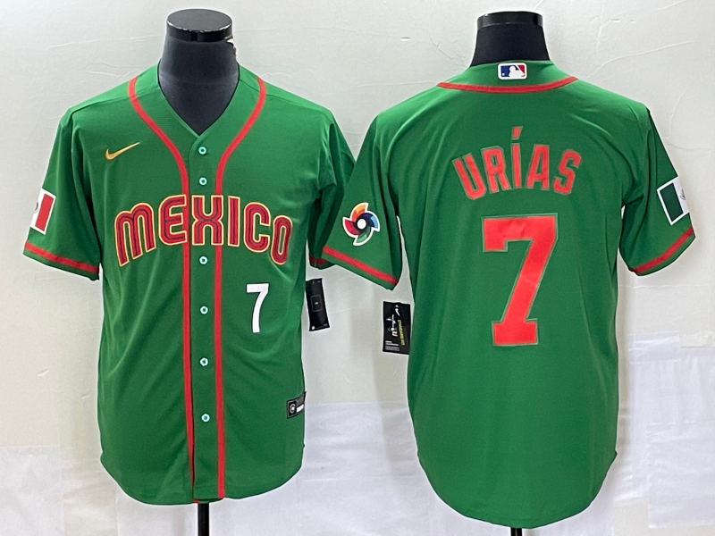 Men's Mexico Baseball #7 Julio Urias Number 2023 Green World Classic Stitched Jersey13