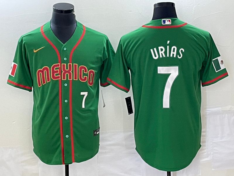 Men's Mexico Baseball #7 Julio Urias Number 2023 Green World Classic Stitched Jersey1