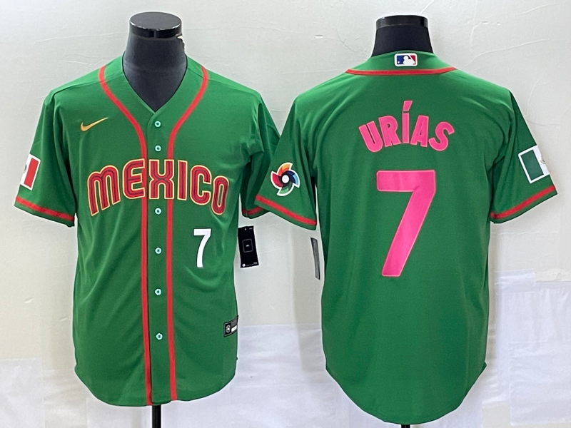 Men's Mexico Baseball #7 Julio Urias Number 2023 Green World Classic Stitched Jersey8