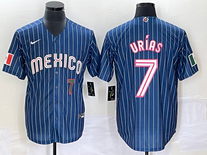 Men's Mexico Baseball #7 Julio Urias Number Navy Blue Pinstripe 2020 World Series Cool Base Nike Jersey2