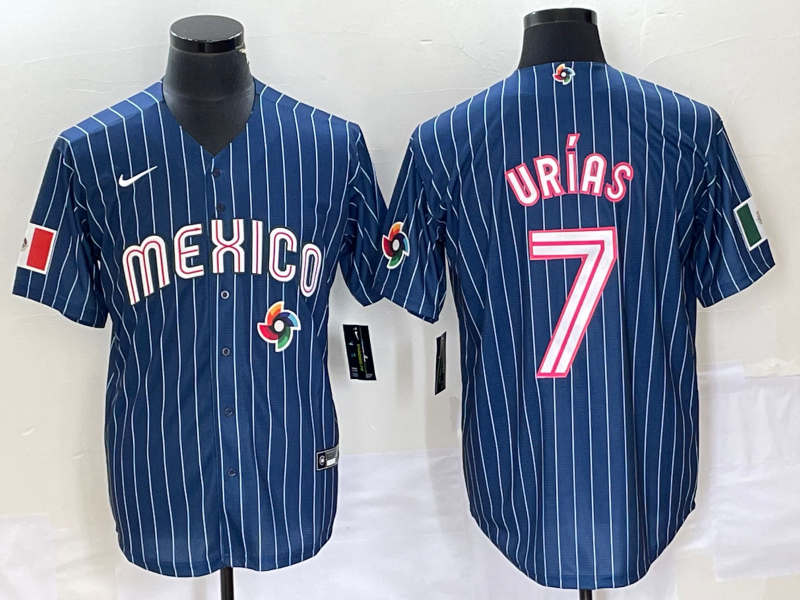 Men's Mexico Baseball #7 Julio Urias Navy Blue Pinstripe 2020 World Series Cool Base Nike Jersey 1