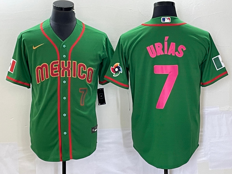 Men's Mexico Baseball #7 Julio Urias Number 2023 Green World Classic Stitched Jersey10