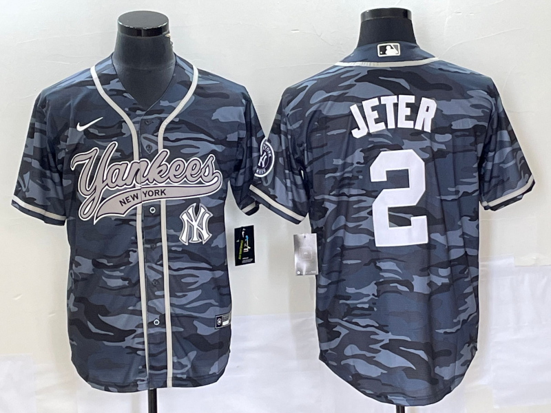 Men's New York Yankees #2 Derek Jeter Grey Camo Cool Base With Patch Stitched Baseball Jersey1