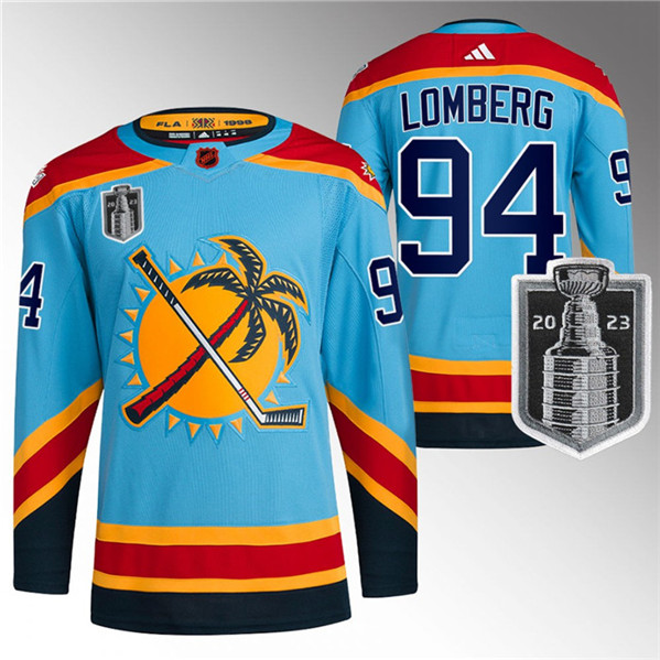 Men's Florida Panthers #94 Ryan Lomberg Blue 2023 Stanley Cup Final Reverse Retro Stitched Jersey