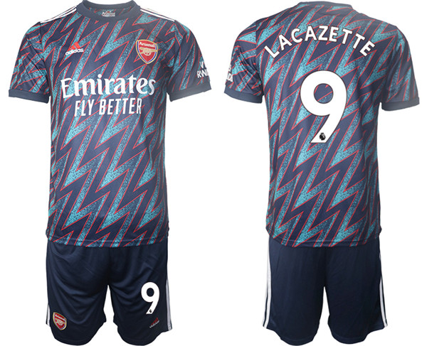 Men's Arsenal F.C #9 Lacazette Away Soccer Jersey with Shorts4