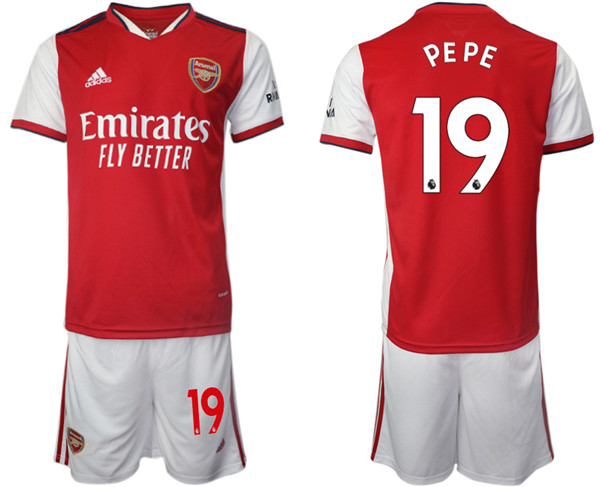 Men's Arsenal F.C #19 Nicolas Pépé Red Home Soccer Jersey with Shorts