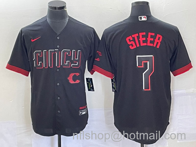 Spencer Steer Men's Cincinnati Reds #7 2023 City Connect Cool Base Stitched Baseball Jersey - Black