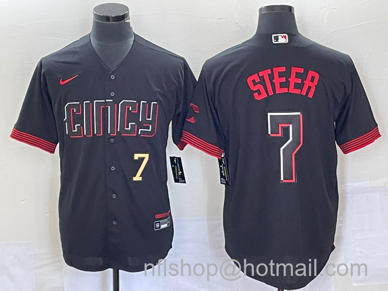 Spencer Steer Men's Cincinnati Reds #7 Numer 2023 City Connect Cool Base Stitched Baseball Jersey 2 - Black