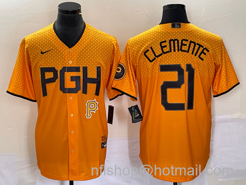 Roberto Clemente Men's Pittsburgh Pirates #21 2023 City Connect Stitched Jersey 1 - Gold