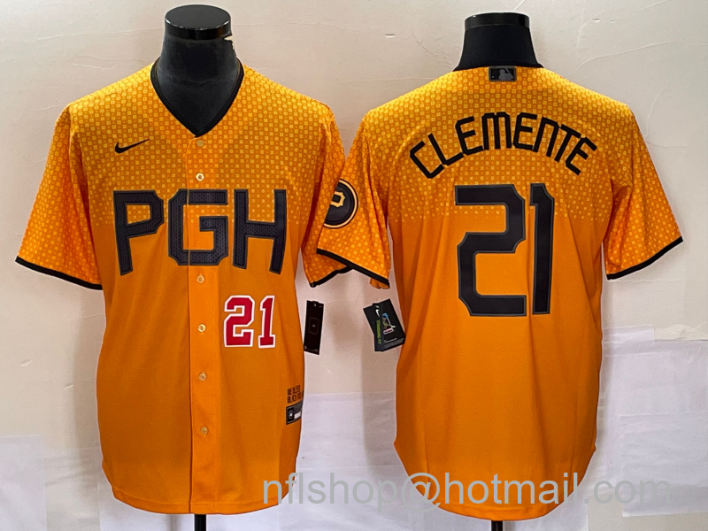 Roberto Clemente Men's Pittsburgh Pirates #21 Number 2023 City Connect Stitched Jersey - Gold